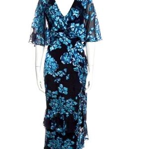 Saloni Blue Floral Ankle-Length Dress Sz 2